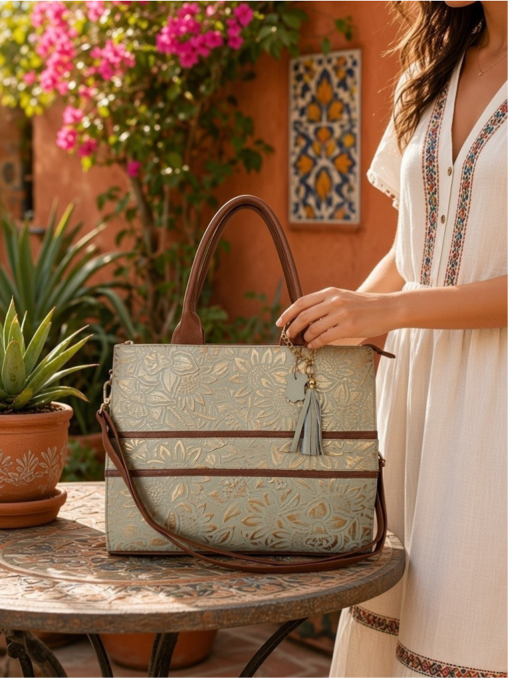 Vanilla Cream Gold Sunflower Embossed Artisan Leather Tote Bag